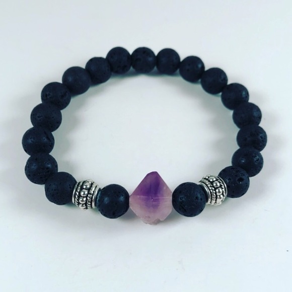 Genuine raw Amethyst cluster lava rock bracelet - Picture 2 of 8
